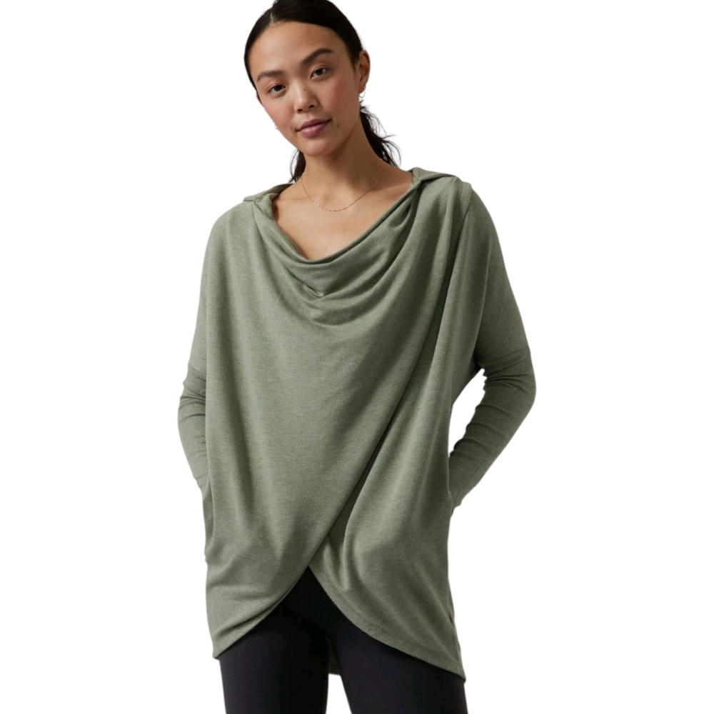 Athleta Purana Wrap Sweatshirt | Large | Olive Green Hooded Fleece Pockets